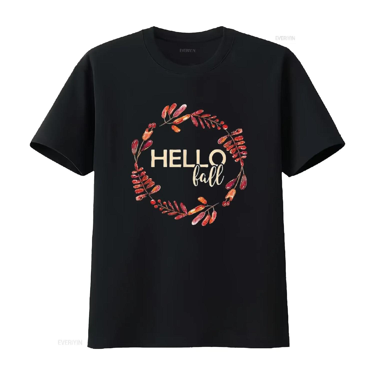 Hello Fall Autumn Watercolor Leaves Wreath Womens T Shirt Black M vintage Washed Versatile homme designer clothes Stylish S