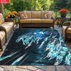 Anime Swordsman Area Rug, Blue Water Wave Theme  Floor Mat, Decorative Carpet for Gaming Room Bedroom, Washable Home Decor Gift