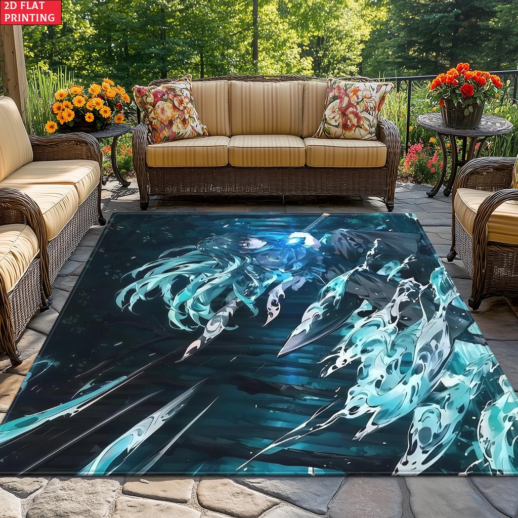 Anime Swordsman Area Rug, Blue Water Wave Theme  Floor Mat, Decorative Carpet for Gaming Room Bedroom, Washable Home Decor Gift