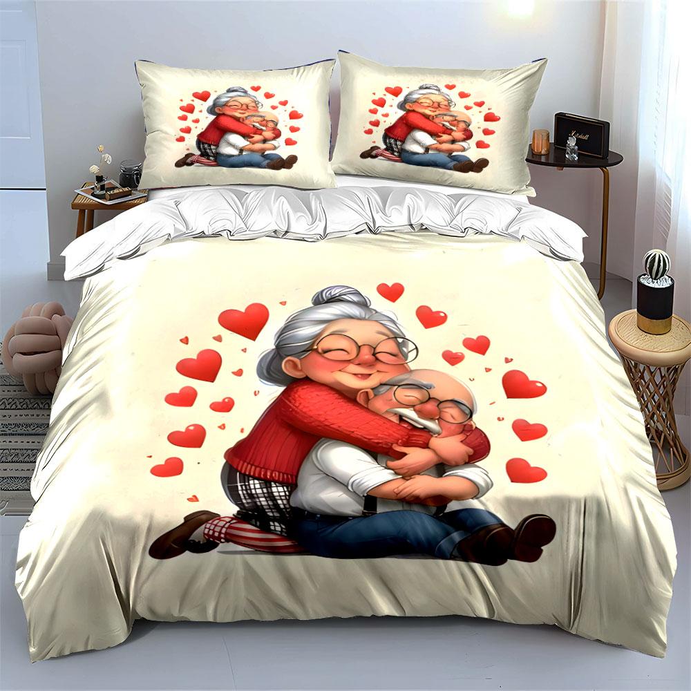 Cute Cartoon Elderly Couple Hug Red Heart Bedding SetSweet Old Grandma Grandpa Love Print 1 Duvet Cover + 2 Pillowcase gift