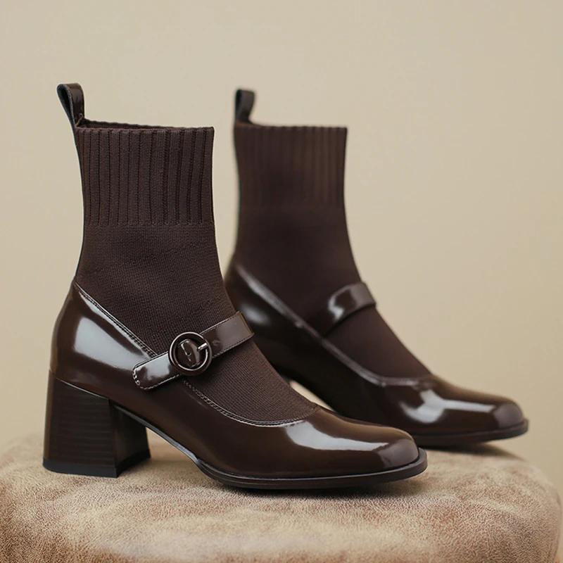 

Осень-зима женские вязаные носки-сапоги модные туфли на квадратном каблуке винтажные женские эластичные короткие ботильоны 39