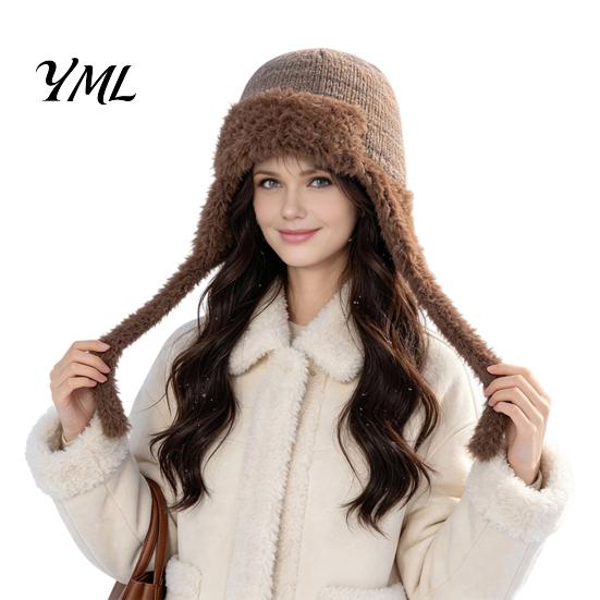 Thermal Wool Blend Hats Women Trapper Hat, Knitted Hat with Ear Flaps, Fuzzy Travel Essential Headgear Trim, Warm Winter Knit for Cold Weather Hiking