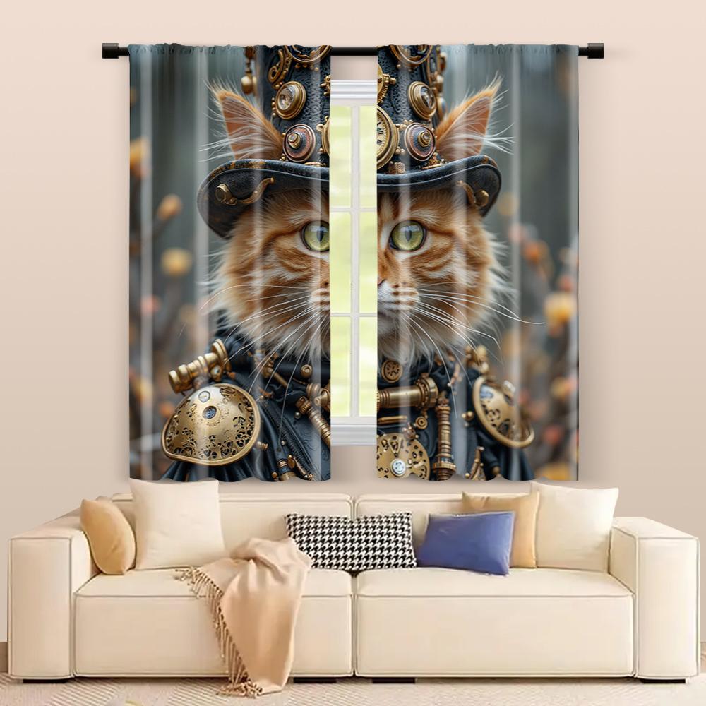 2 Pcs   Filtering Curtains (excluding Rods   Non-movable   Without Batteries) Whimsical Steampunk Kitten for Use In Bedrooms and