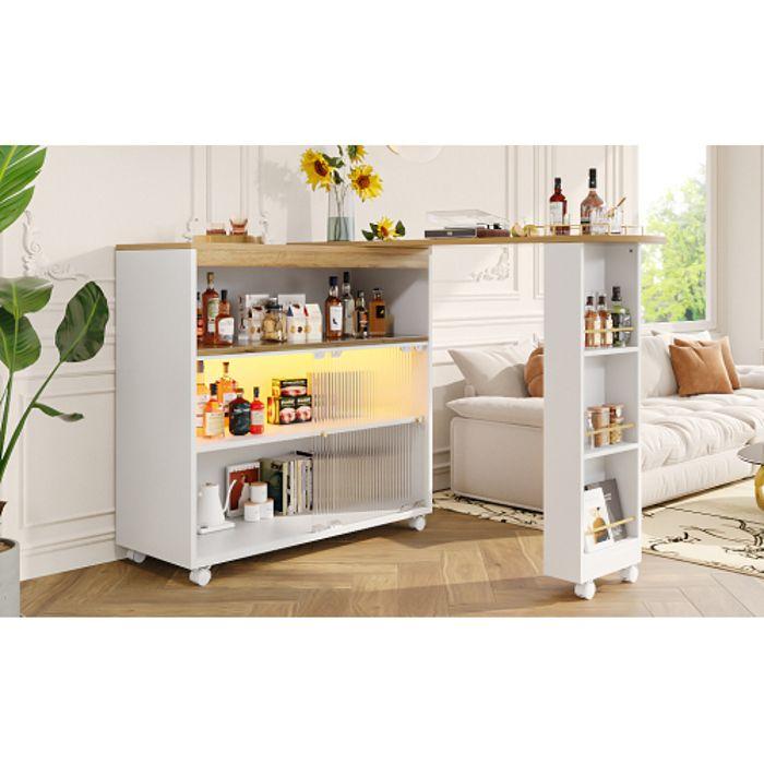 Bar Extensible - Moderne - LED Intégrée - Rangement Avec Portes En Verre - Blanc