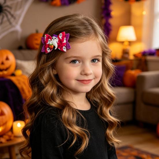 Festive Hair Styling Tools Halloween Glitter Bow Clips for Kids Baby Girls, Double Layer Shiny Party Barrettes Ghost/Pumpkin/Eyeball Bowtie