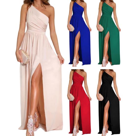 Dámské jednobarevné šaty s jedním ramenem rozdělené do všech večerních šatů Dámský oděv
