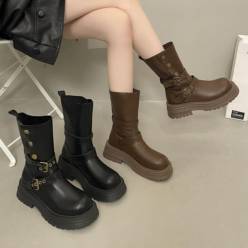 2025 Autumn and Winter New Women's Shoes Medium Top Platform Casual Metal Buckle Martin Boots Heightening Fashion Thin Knight Boots