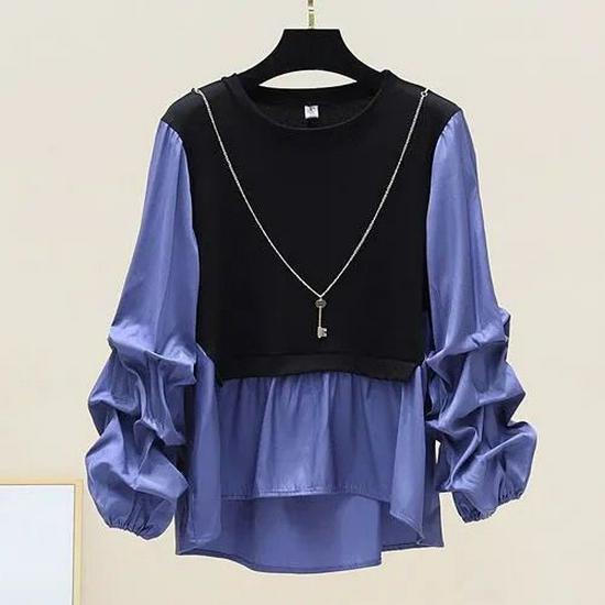 2024 Spring/Autumn Korean Style Patchwork Contrast Slim Long Sleeve Round Neck Two-Piece Shirt