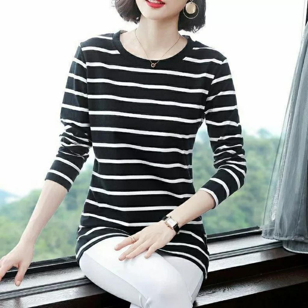 Spring Round Neck Long-sleeved Striped Shirt Women's Fashion Mid-length Ladies Blouse Bottoming Shirt