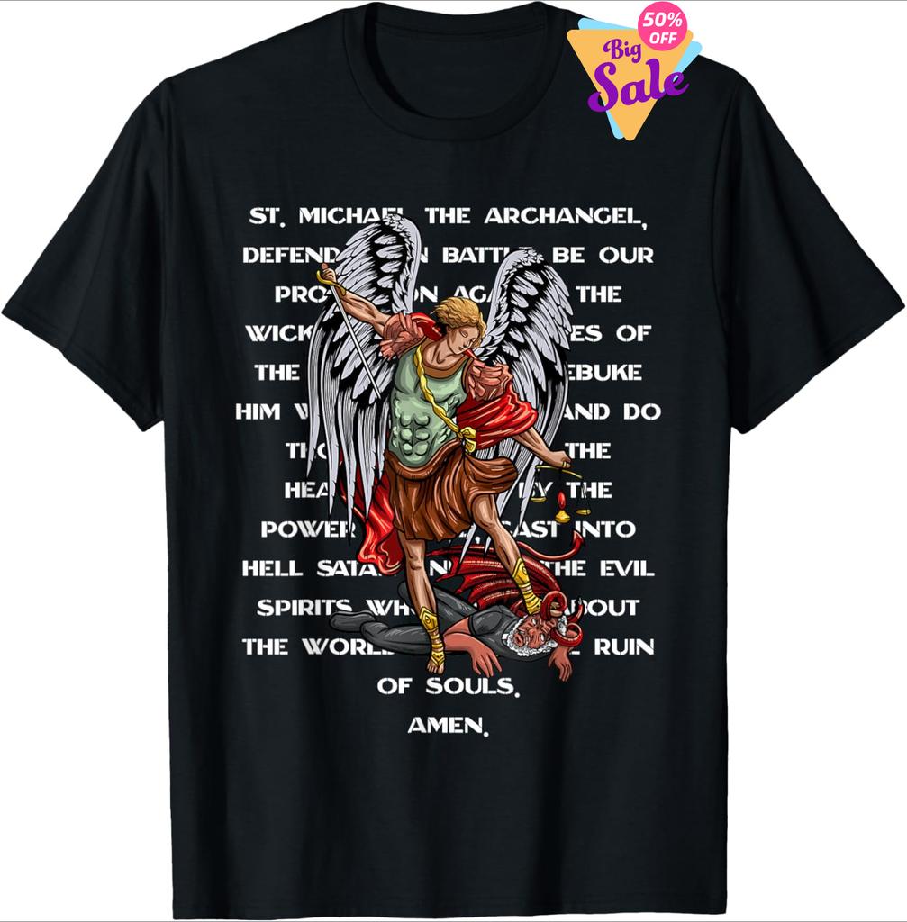 Saint Michael The Archangel Catholic Prayer T-Shirt 100% Cotton O-Neck Short Sleeve Summer Casu
