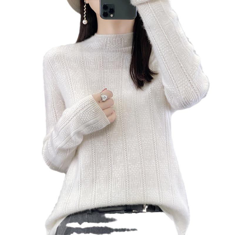 Autumn/Winter Women's High-Quality Jacquard Wool Seamless Knit Sweater - Half-High Collar, Solid Color Fashion Top