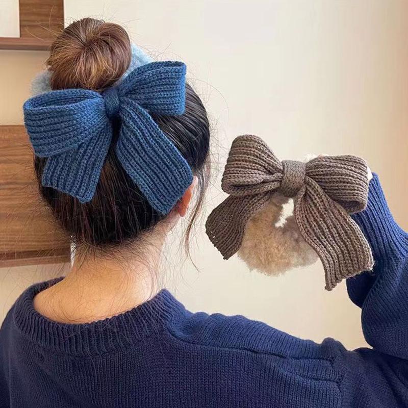 Autumn Winter Women Fashion Woolen Bow Plush Hair Band Cute Headband Hair Rubber Band Hair Accessories