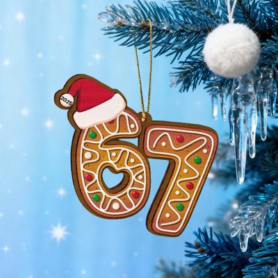 Christmas Ornament Acrylic Gingerbread Number 67 Pendant with Hat Festive Xmas Tree