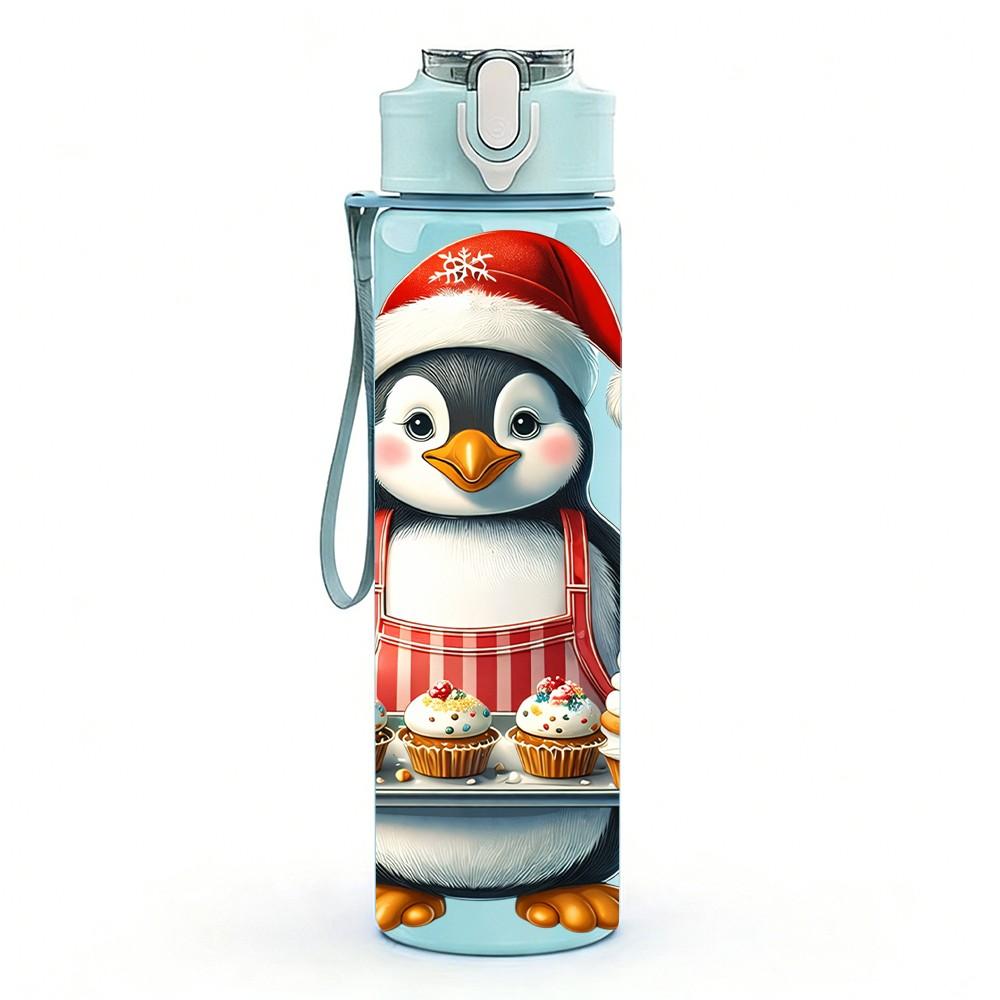 1PC Xmas Penguin Santa Hat Cartoon 750ml Color Plastic Sports Water Bottle Leakproof Flip Straw Lid Suitable for Sports Office Home Use