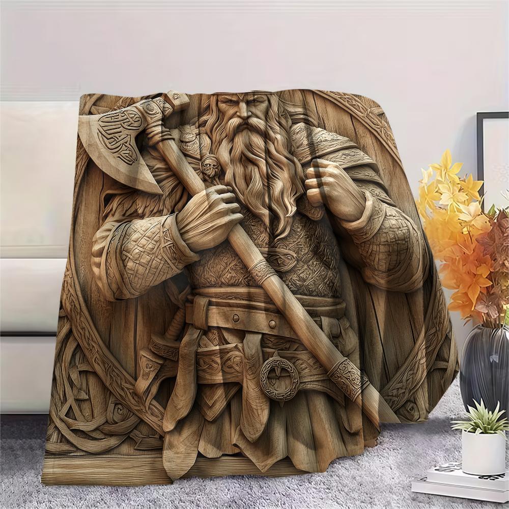 Viking Warrior Pattern Flannel Blanket, High Quality Comfortable for All Seasons, Home Decor, Warmth and Comfort, Perfect for Gifts.