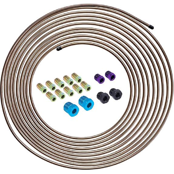 25 ft 1/4 True Copper-Nickel Alloy Brake Line Kit Complete Replacement Brake or Fuel Tubing (Includes 16 Fittings), Easy to hand bend (.028) Wall