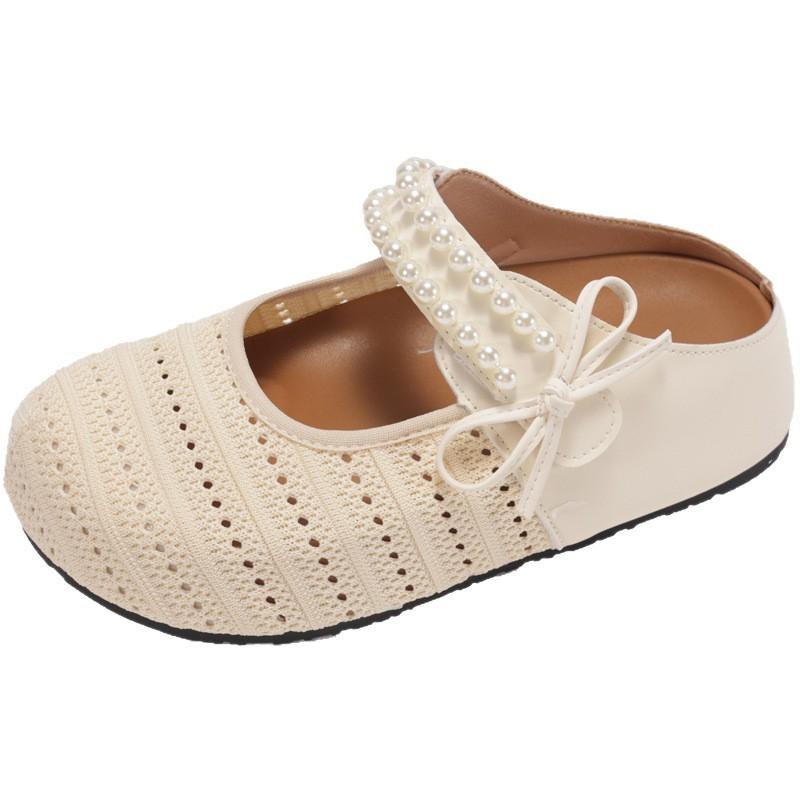 2025 New Summer Thick-soled Heightening Woven Bag Head Half Slippers Women Wear Versatile Mesh Bow Pearl Shoes
