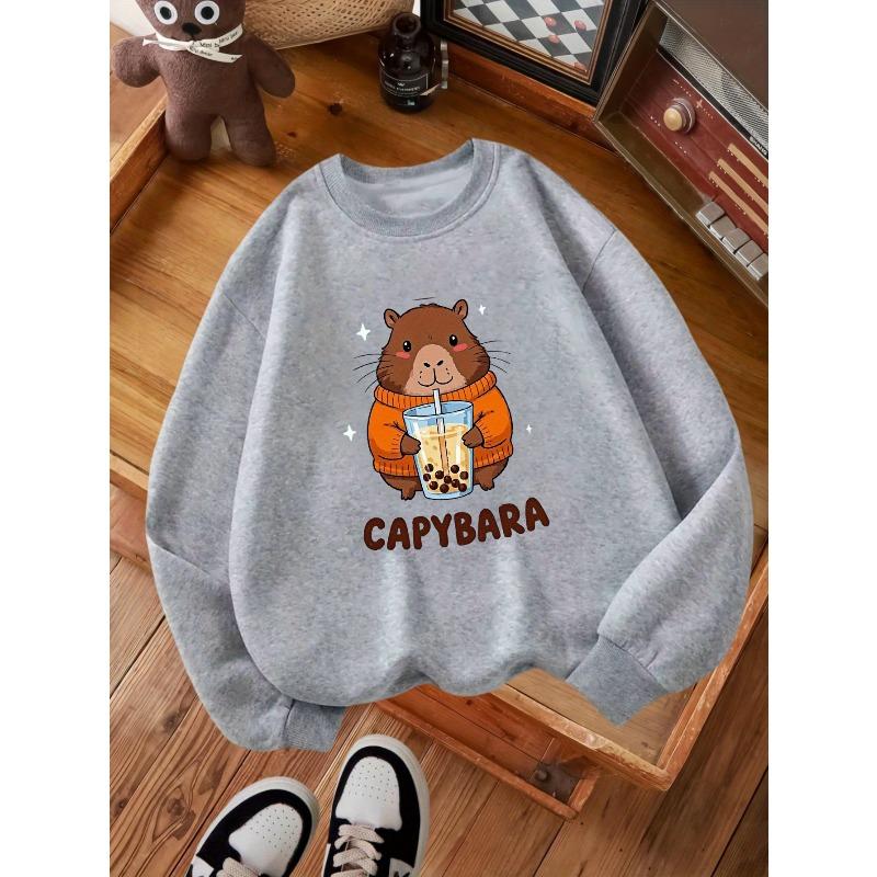 Kids Print Sweatshirt - Round Neck Pullover with "CAPYBARA" Design, Casual Fall/Winter Fashion, Soft Fabric, Machine Washable, Cute Sweatshirts
