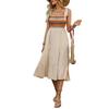 Women Casual Color Block Off Shoulder Embroidered Midi A Line Sleeveless Dress