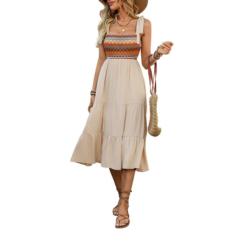 Women Casual Color Block Off Shoulder Embroidered Midi A Line Sleeveless Dress