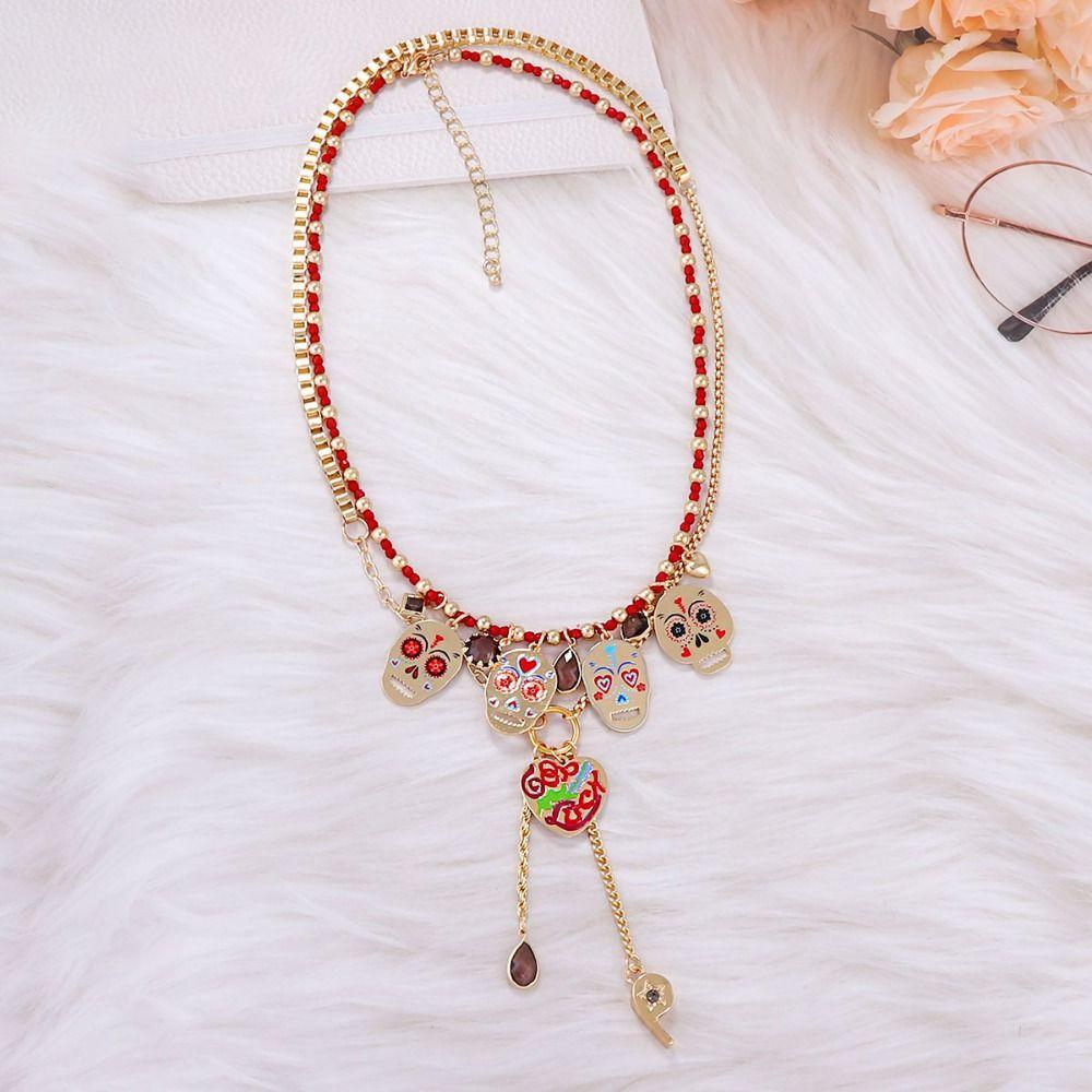 Personality Metal Skull Pendant Necklace Jewelry Set Vintage Earring Collarbone Chain  Halloween
