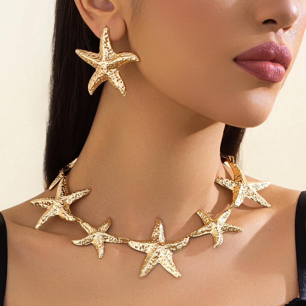 Ocean Vacation Wind Starfish Pendant Necklace Fashion Personality Geometric Metal Pen Necklace Suit Women