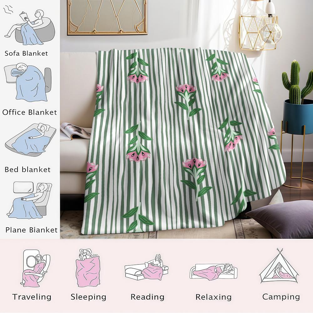 Mint Stripe Pink Bloom Flannel Blanket Warm Soft Halloween Christmas Couch Warm Cozy Decorative Decor Gift for All Season