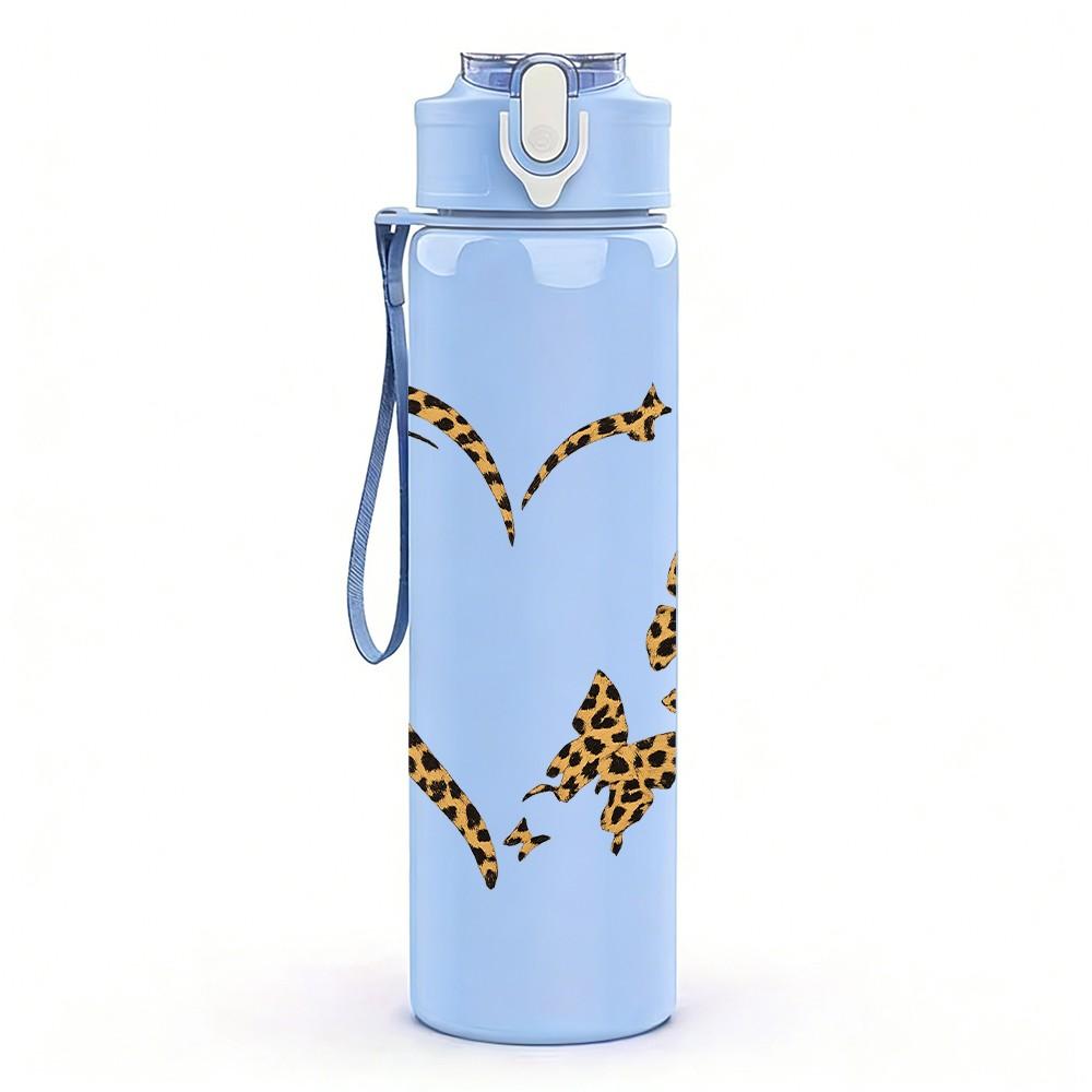 1PC Leopard Print Outline Heart 750ml Color Plastic Sports Water Bottle Leakproof Flip Straw Lid Suitable for Sports Office Home Use
