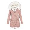 Abrigo de invierno de algodón para mujer, talla grande, capucha de piel sintética, forro polar, cremallera y botón a presión.