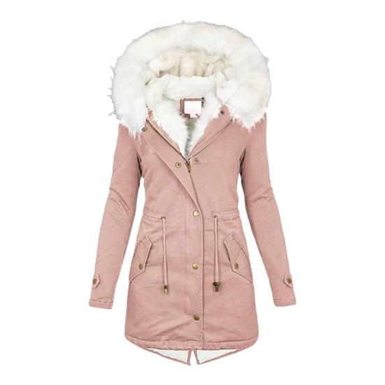 Abrigo de invierno de algodón para mujer, talla grande, capucha de piel sintética, forro polar, cremallera y botón a presión.