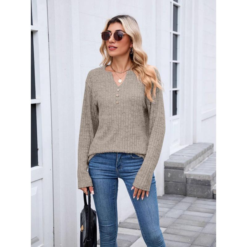

Autumn and Winter New Solid Color Ribbed Brushed Button Loose Long Sleeve T-Shirt for Women 2XL хакі