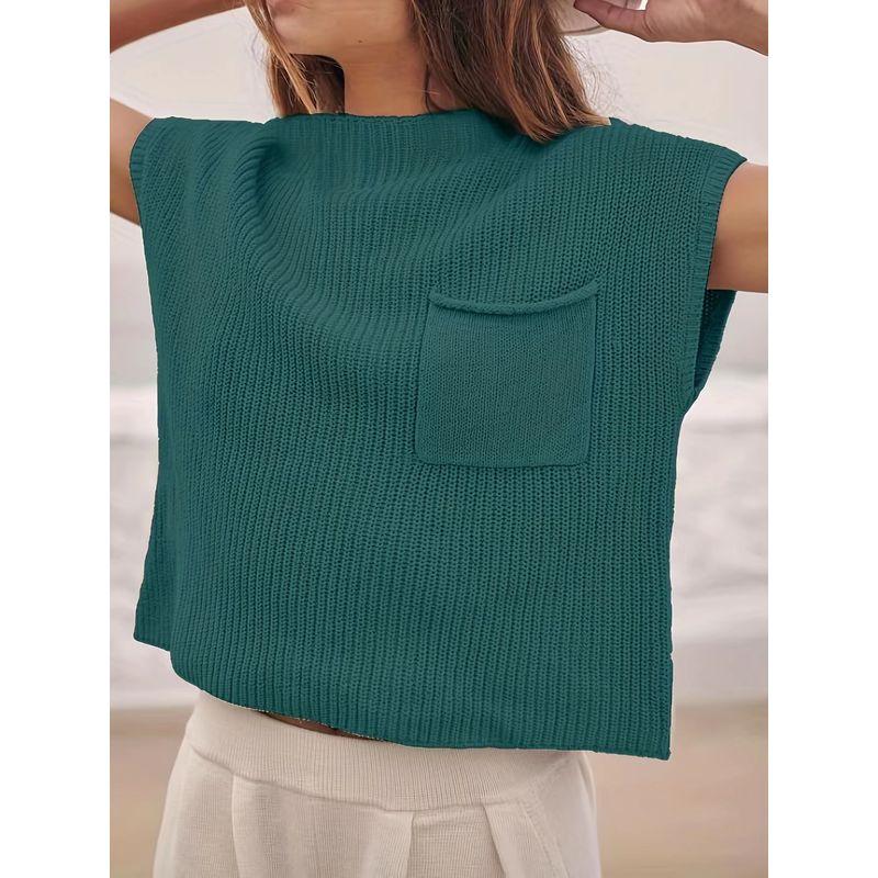 

Модный пуловер с круглым вырезом, без рукавов, свободный вязаный свитер, свободный вязаный свитер без рукавов Green L