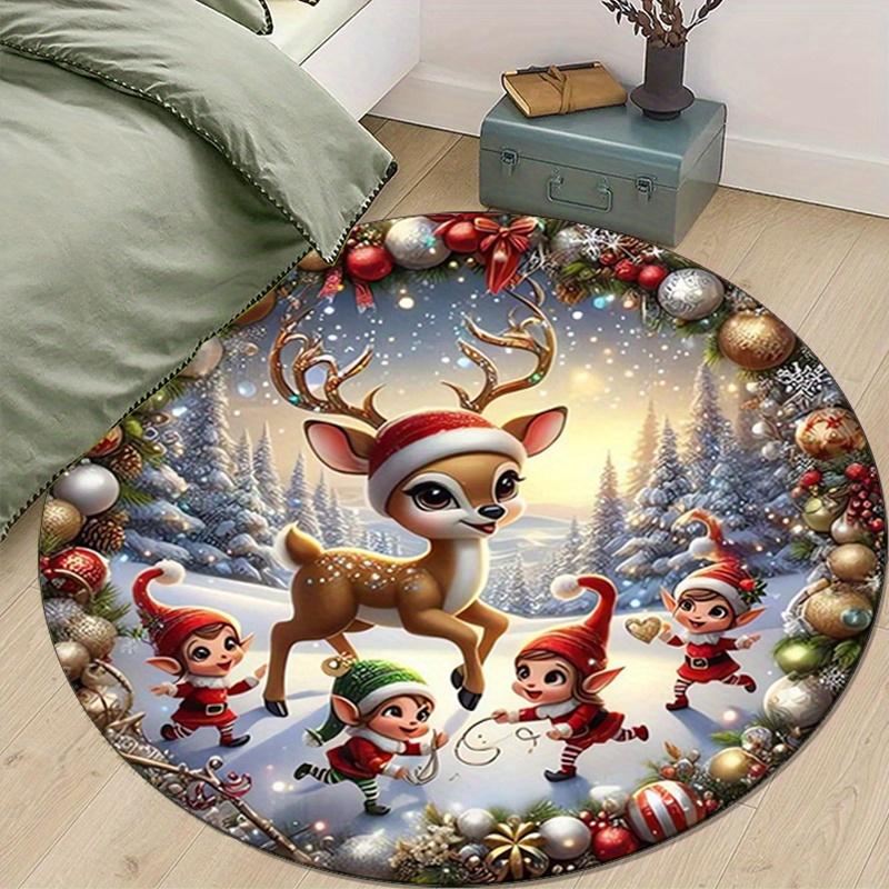 1pc, Christmas Themed Round Area Rug, Crystal Velvet, Xmas Deer Print, Non-Slip Mat, Chair Pad, Home Decor, Bedroom & Living Room, Polyester