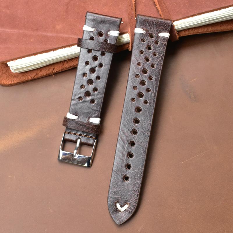 Porous Leather Watch Band 19mm 20mm 22mm 24mm Breathable Watch Strap Handmade Stitching Quick Release Watchbands Black Brown Red