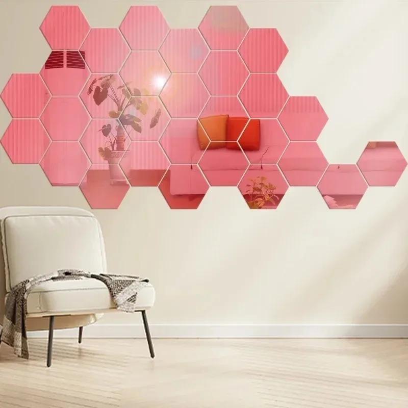 3D Hexagon Mirror Wall Stickers DIY Wall Mirrors Sticker Removable Self Adhesive Aesthetic Mosaic Tiles Decals Home Decoration