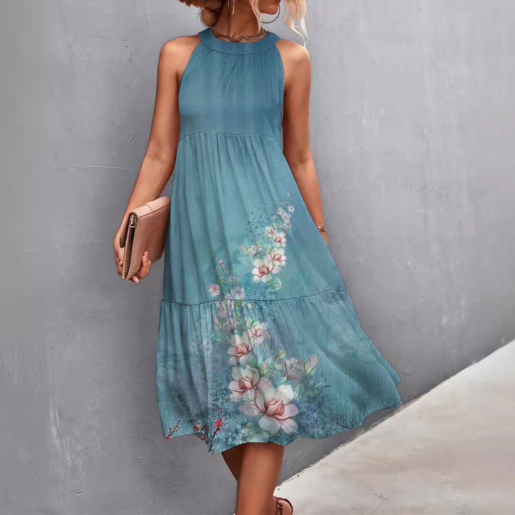 Women's Summer Sleeveless Solid Color Printed Loose Splicing Casual Hanging Neck Beach Dresses