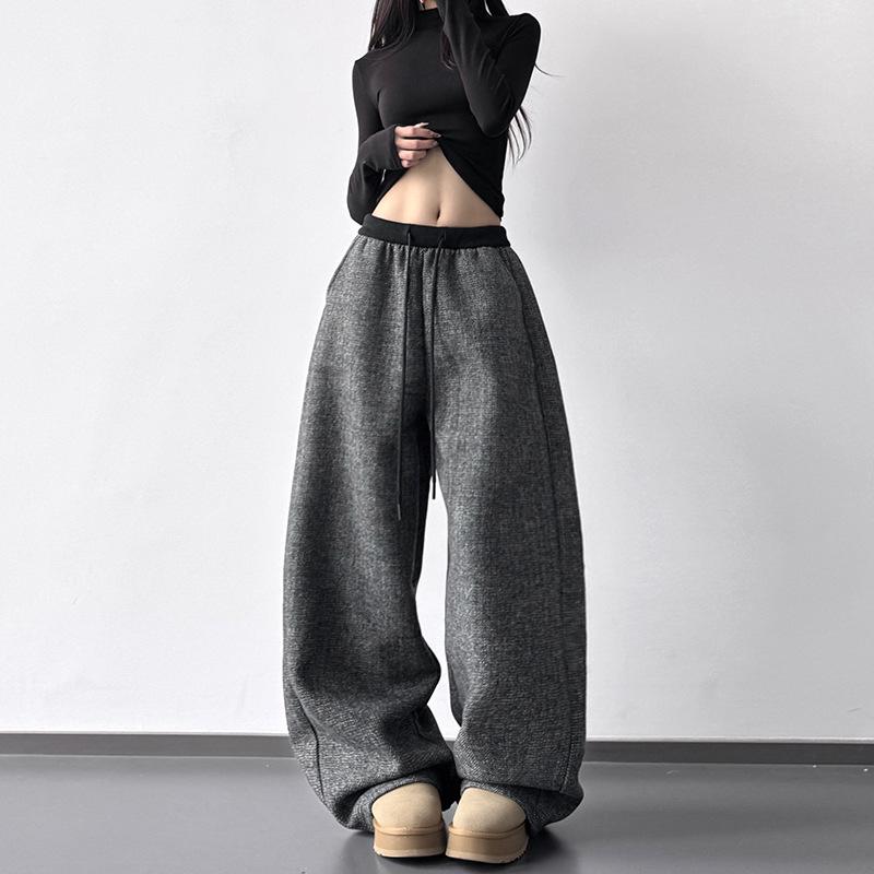 Women s High-Waist Wide-Leg Grey Pants - Autumn/Winter Drape Slimming Casual Style M