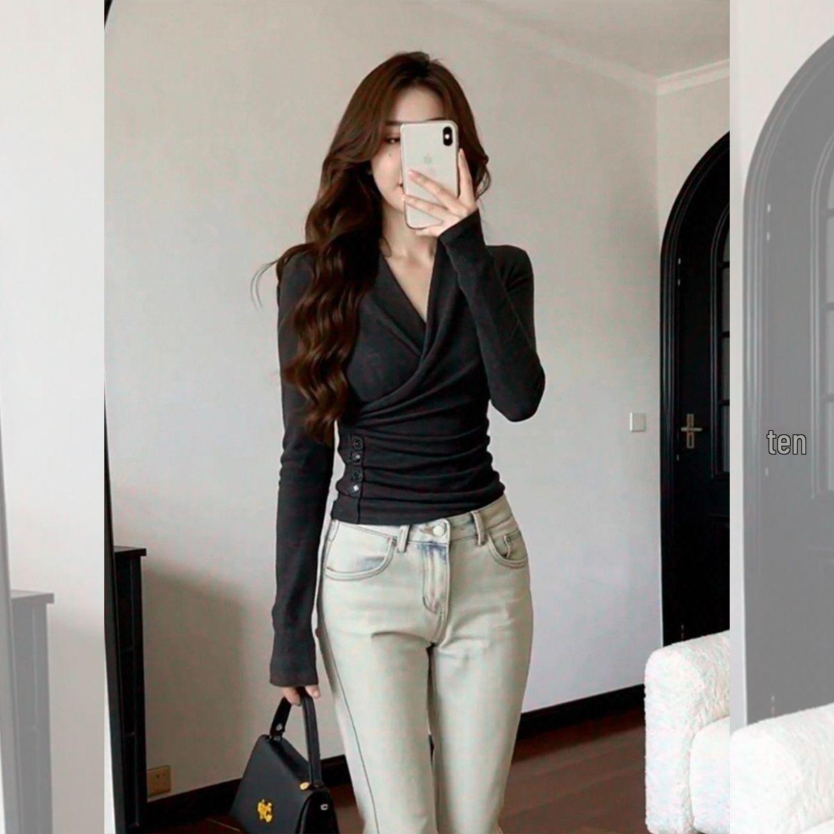 

High-End Deep Gray V-Neck Long Sleeve Women s Slim Fit T-Shirt - Korean Style Autumn/Winter Top S - Premium Quality глубокий/серый