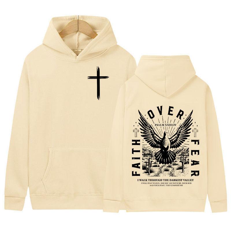 Jesus Faith Over Fear Inverse Letter Print Hoodie Christian Retro Fashion Harajuku Sweatshirt Unisex Fleece Oversized Hoodies