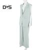 2 Pcs/Set Women Coat Pants Set Lapel Single Button Mid Length Cardigan Sleeveless Jacket Wide Leg High Waist Straight Trousers Lady Formal Commute