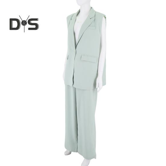 2 Pcs/Set Women Coat Pants Set Lapel Single Button Mid Length Cardigan Sleeveless Jacket Wide Leg High Waist Straight Trousers Lady Formal Commute