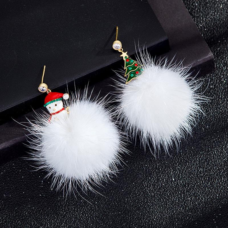Korean S925 Silver Christmas Earrings: Asymmetrical Drip Oil with Diamonds, Snowman & Tree Pompon Studs.