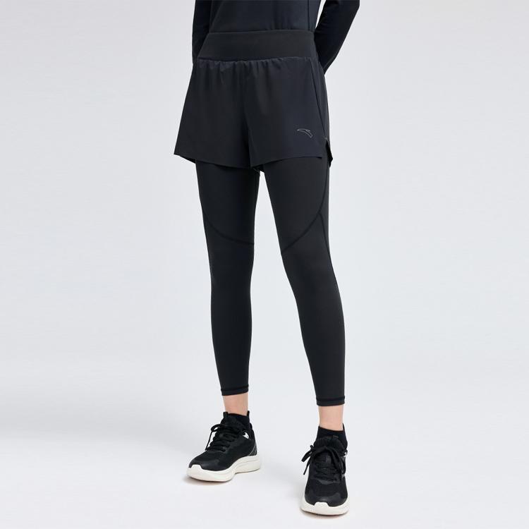 Anta Running Series Color Block Logo Breathable Casual Fake Two-Piece Sports Long Pants Women Bottoms Black 962335301-2