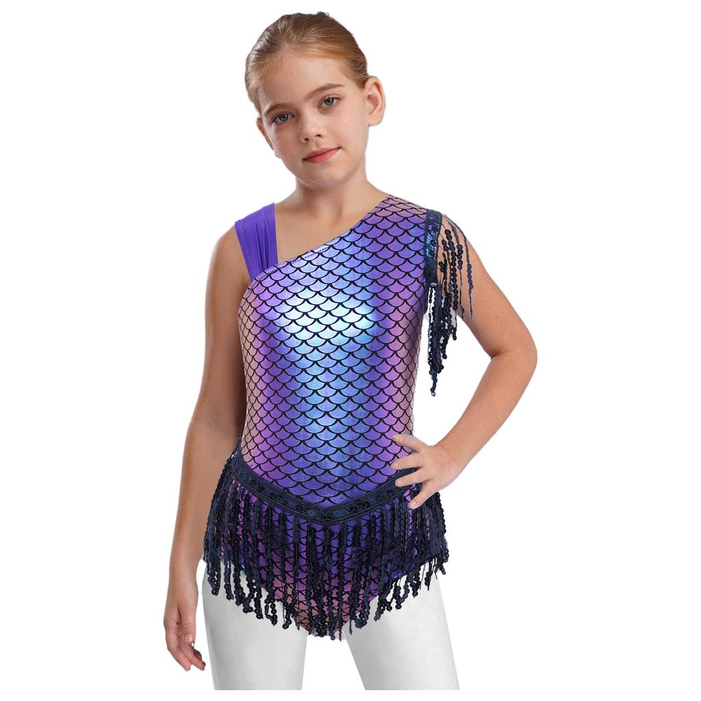 Dívčí třpytivé flitry rybí šupiny leotard mašle na zádech třásně body tanec soutěž party outfit