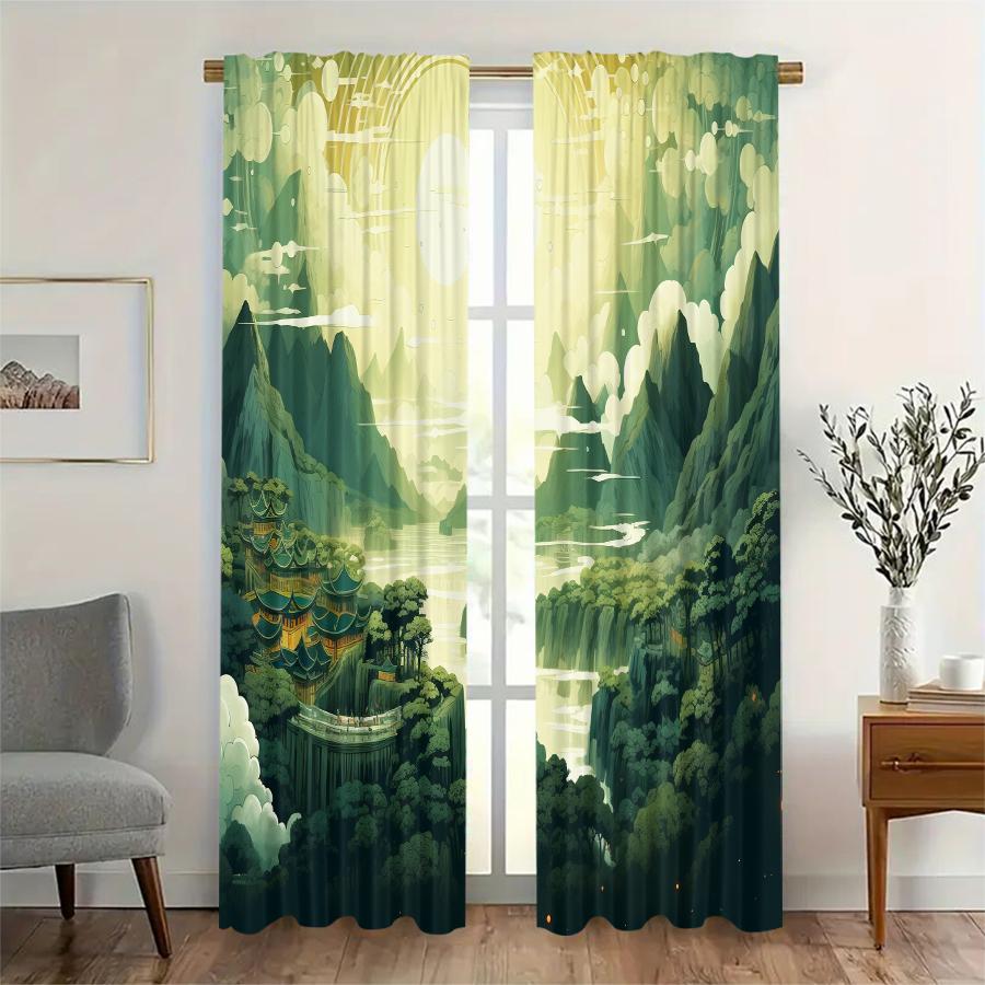 2 Pcs Landscape painting print curtains,suitable for bedroom,living room kitchen decoration,home decoration,window decoration