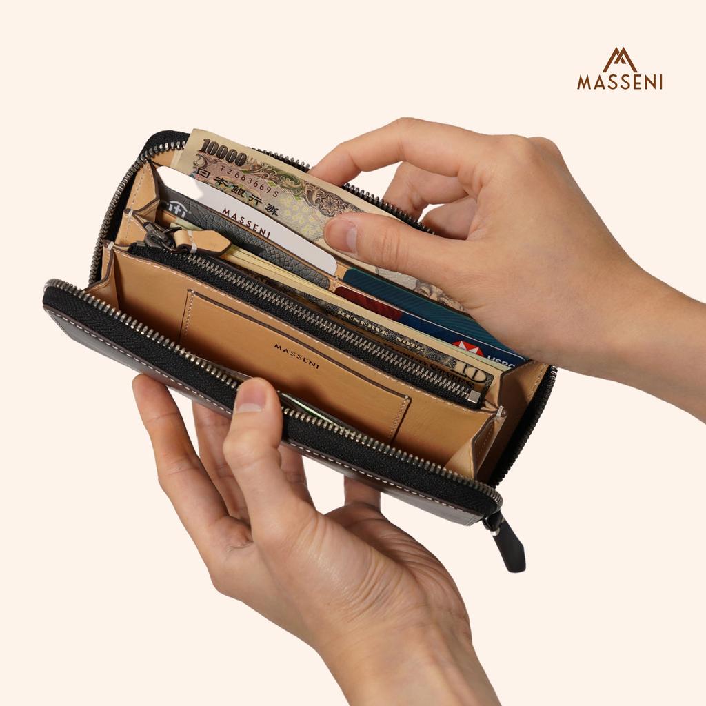 Luxury Italian Leather Long Wallet with Coin Genuine Leather Tan Holds 13 Cards [MASSENI] Purse, Wallet, Color, (black)