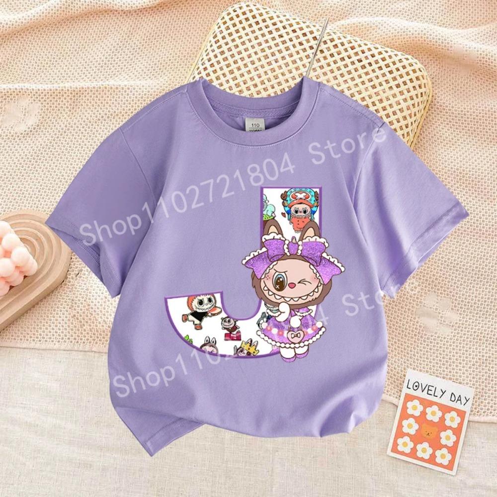 

Милая футболка с принтом букв Labubued, хлопок, лето, уличная одежда, короткий рукав, одежда для девочек, топ, мультяшная детская одежда, для малышей 140