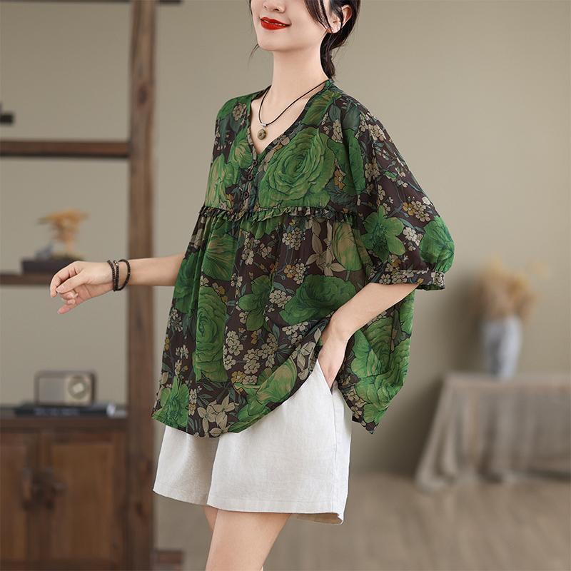 

Dimanaf 2025 Лето Плюс Размер Женская Футболка Базовая Новая Винтажная V-образным Вырезом Цветочный Принт Топы Футболки Повседневные Свободные Макси XL зелёный