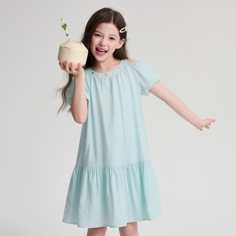 Deesha Girls' Summer Off-Shoulder Puff Sleeve Cotton Dress