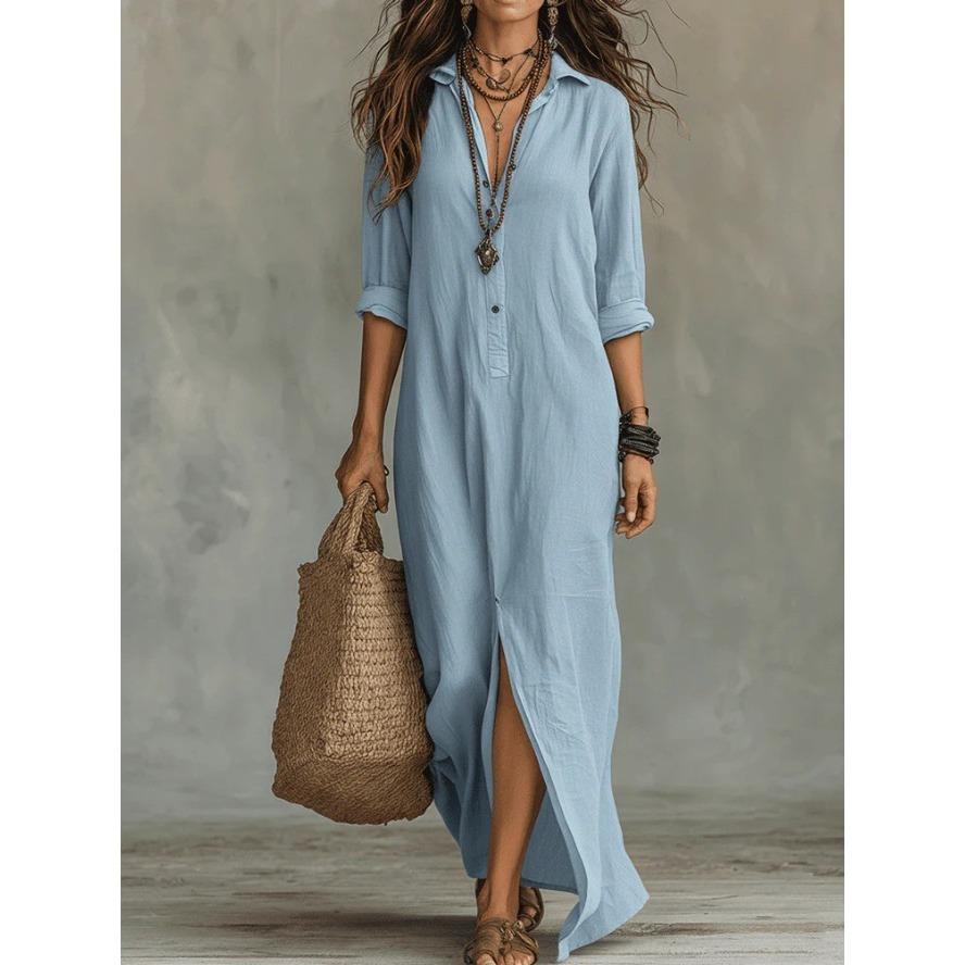 VEZFAA Vestidos casuales de cintura holgada con cuello tipo polo y manga larga con estampado de colores sólidos a la moda para mujer para primavera y otoño